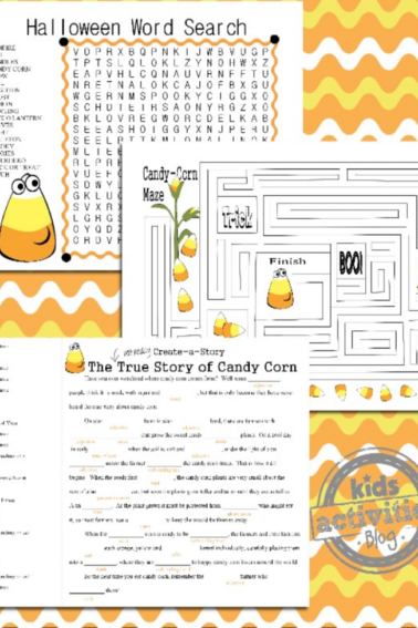 Candy corn themed Halloween word searches, Halloween mad libs, and Halloween Maze