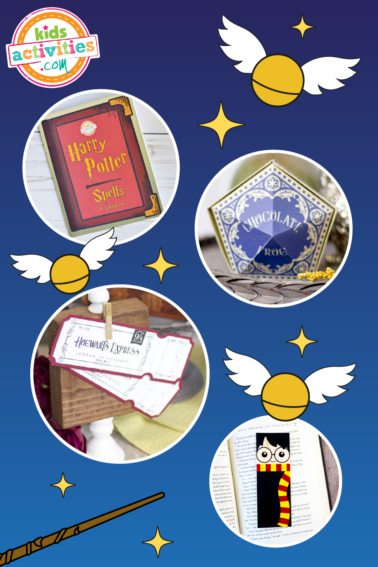 Image shows a compilation of Harry Potter printable packs decorated with Harry Potter symbols. Printables fro mseveral sources.