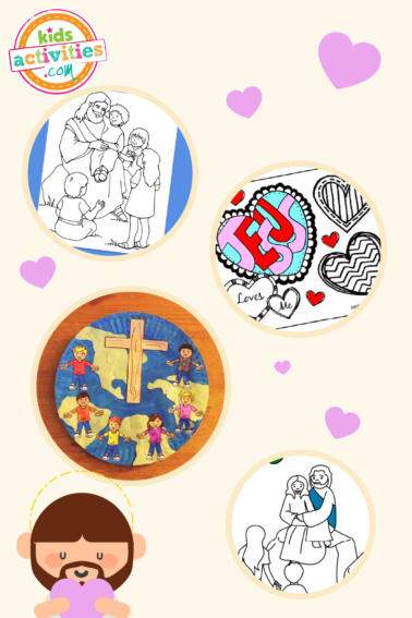 Image shows a compilation of printables and activities inspired by jesus loves the little children.