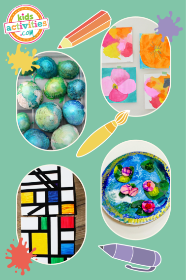 Image shows a compilation of kid art activities from different sources
