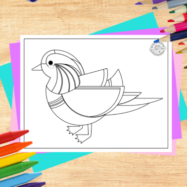 Mandarin duck coloring page printed pdf on wooden background with coloring supplies- kids activities blog