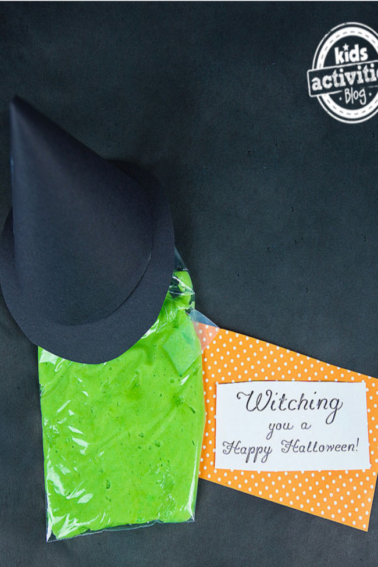 This green melted witch no-treat bag with a printable tag that is orange and white