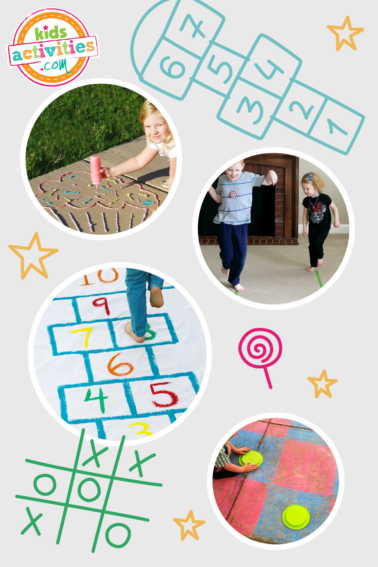 Image shows a compilation of movement activities for children, like hopscotch or hula hoops.