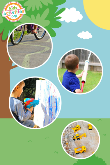 Image shows circular photos of little boys playing outdoor games with a background of blue sky, green grass, and a tree with green leaves from Kids Activities Blog.