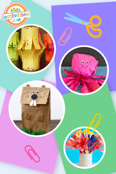 Image shows a compilation of paper crafts for kids, such as a paper octopus, paper beaver, paper banana, and more paper crafts.
