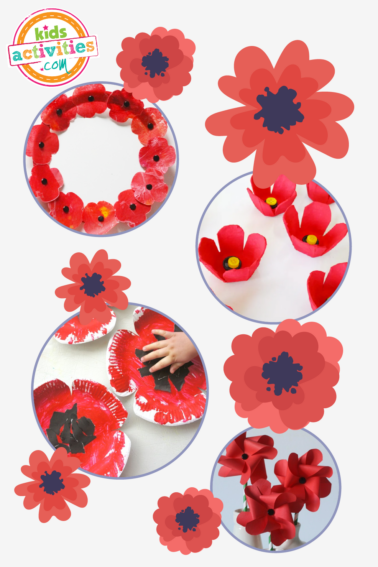 Image shows a compilation of different poppy crafts to commemorate Memorial Day. From Kids Activities Blog