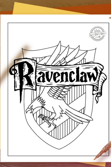 Ravenclaw coloring page of the Ravenclaw house crest on a wooden table with candle, inkpot and quill, shadowewd by someone waving a wand