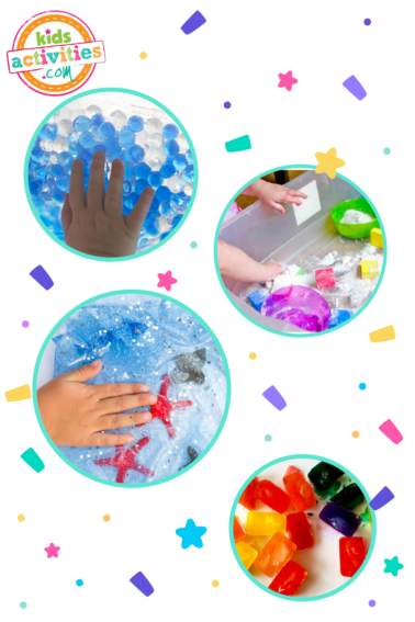 Image shows a compilation of kids playing with sensory activities. Ideas from different sources.