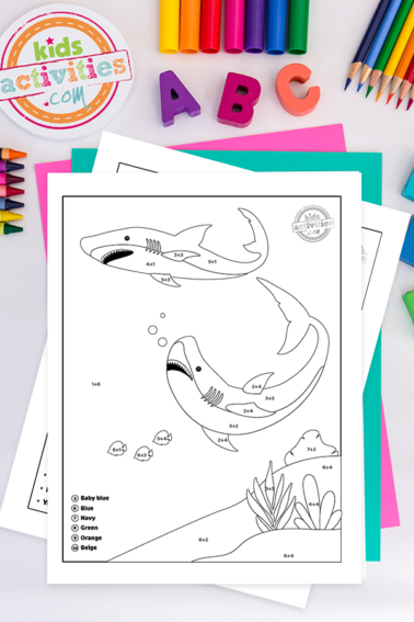 Shark Week Color By Number Addition Coloring Pages