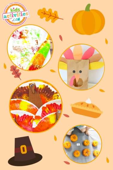 Image shows a compilation of Thanksgiving activities for preschoolers and older kids, like a paper bag turkey, corn painting, and more. From different sources.