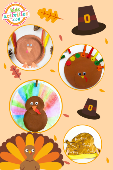 Image shows a peachy tan background with circular photo snippets of thanksgiving crafts from Kids Activities Blog.